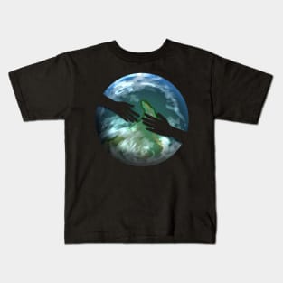 Two Reaching Hands In Front Of Earth Globe For Earth Day Kids T-Shirt